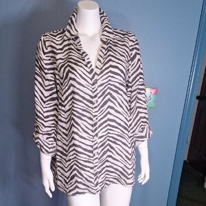 Tahari Linen Zebra Print Boxy Button-Down Shirt Size Large